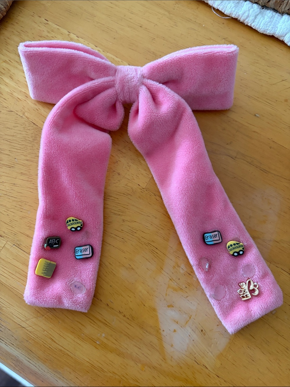 Girls Velvet Pink Hair Bow with School themed Charm - Beloved Bairn Bows